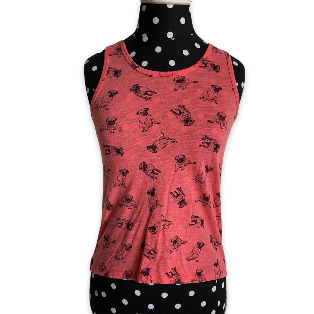Girls Tank Top Size 10 12 Salmon Black Pug Dog Print